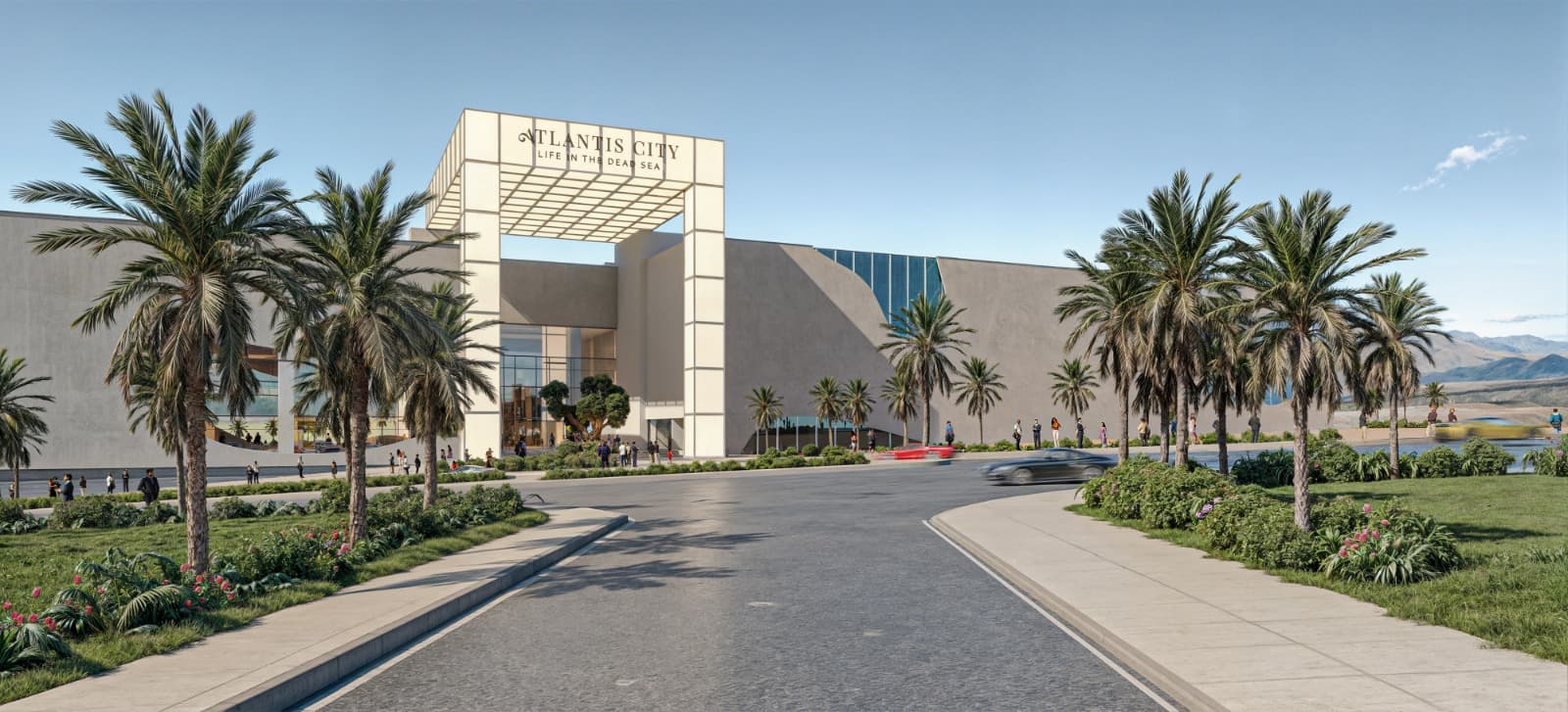 Atlantis City entrance with palm-lined driveway
